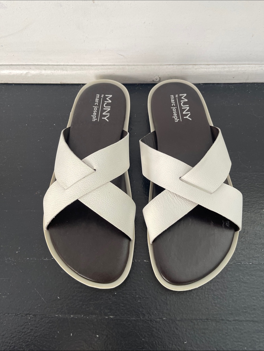 Marc Joseph White Cross-Strap Leather Slide Sandals